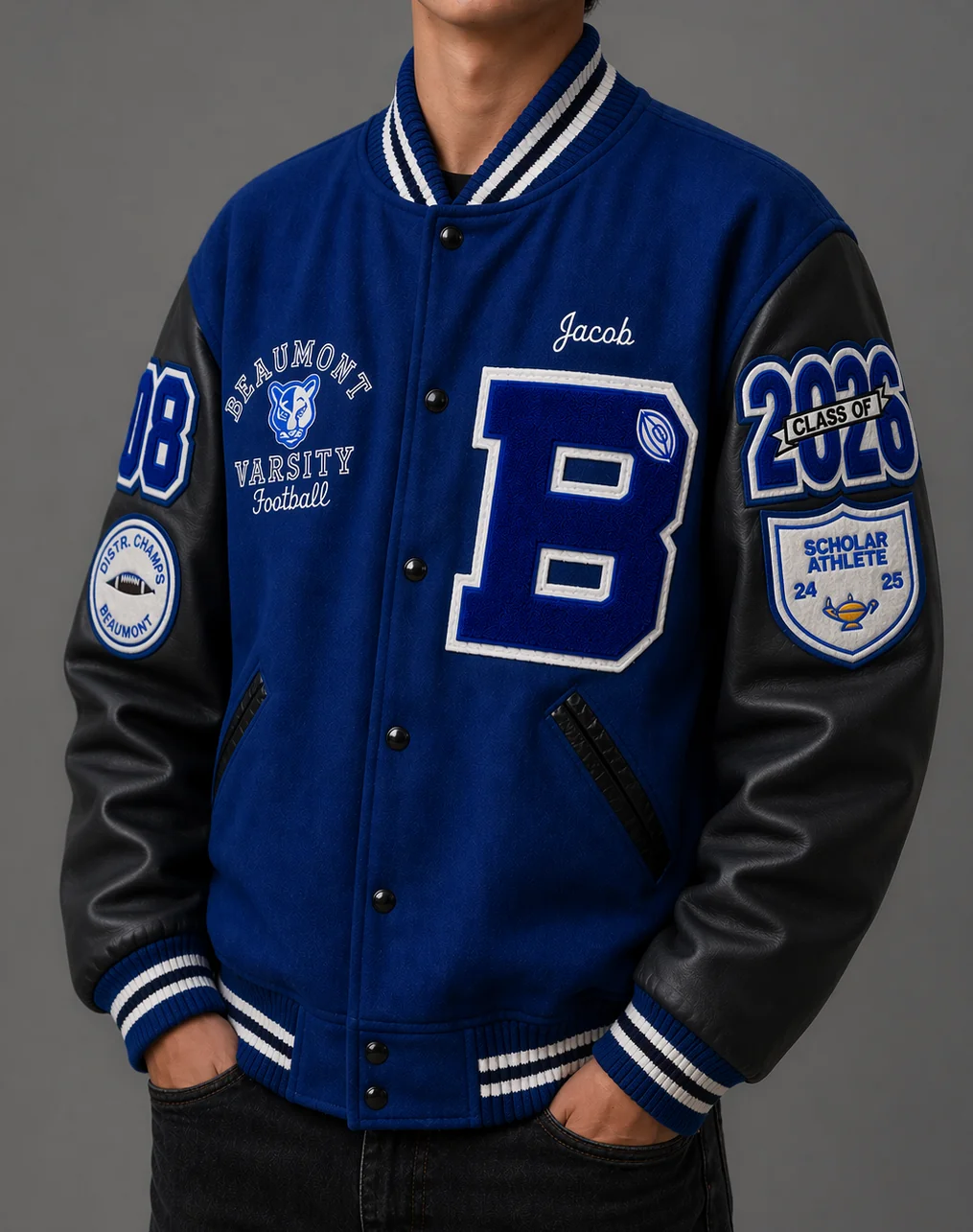 Beaumont varsity jacket showing traditional patch placement