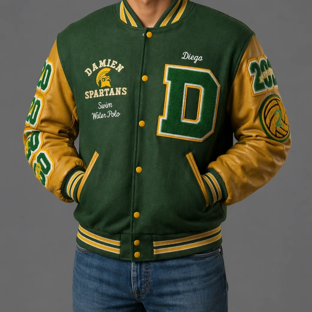 Damien Spartans varsity jacket showcasing melton wool body