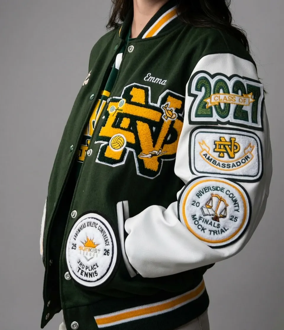Green letterman jacket with chenille patch details